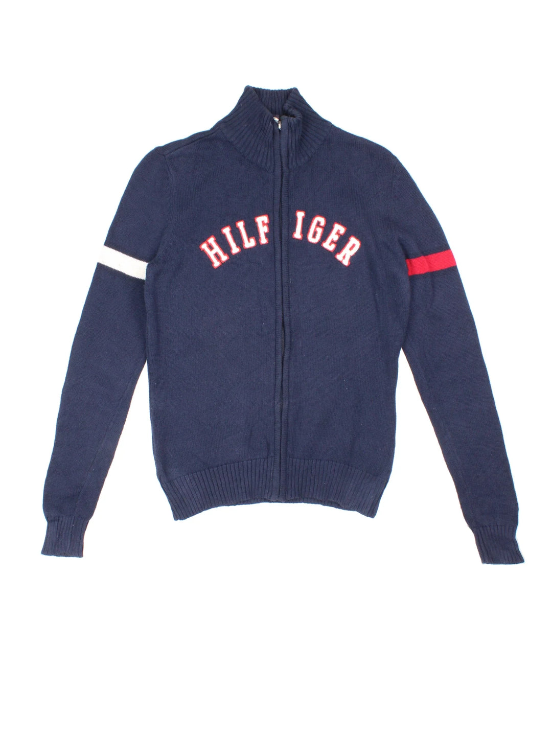 90's Tommy Hilfiger Spell Out Zip Cardigan in a blue colourway with zip fastening and branding embroidered on the front.