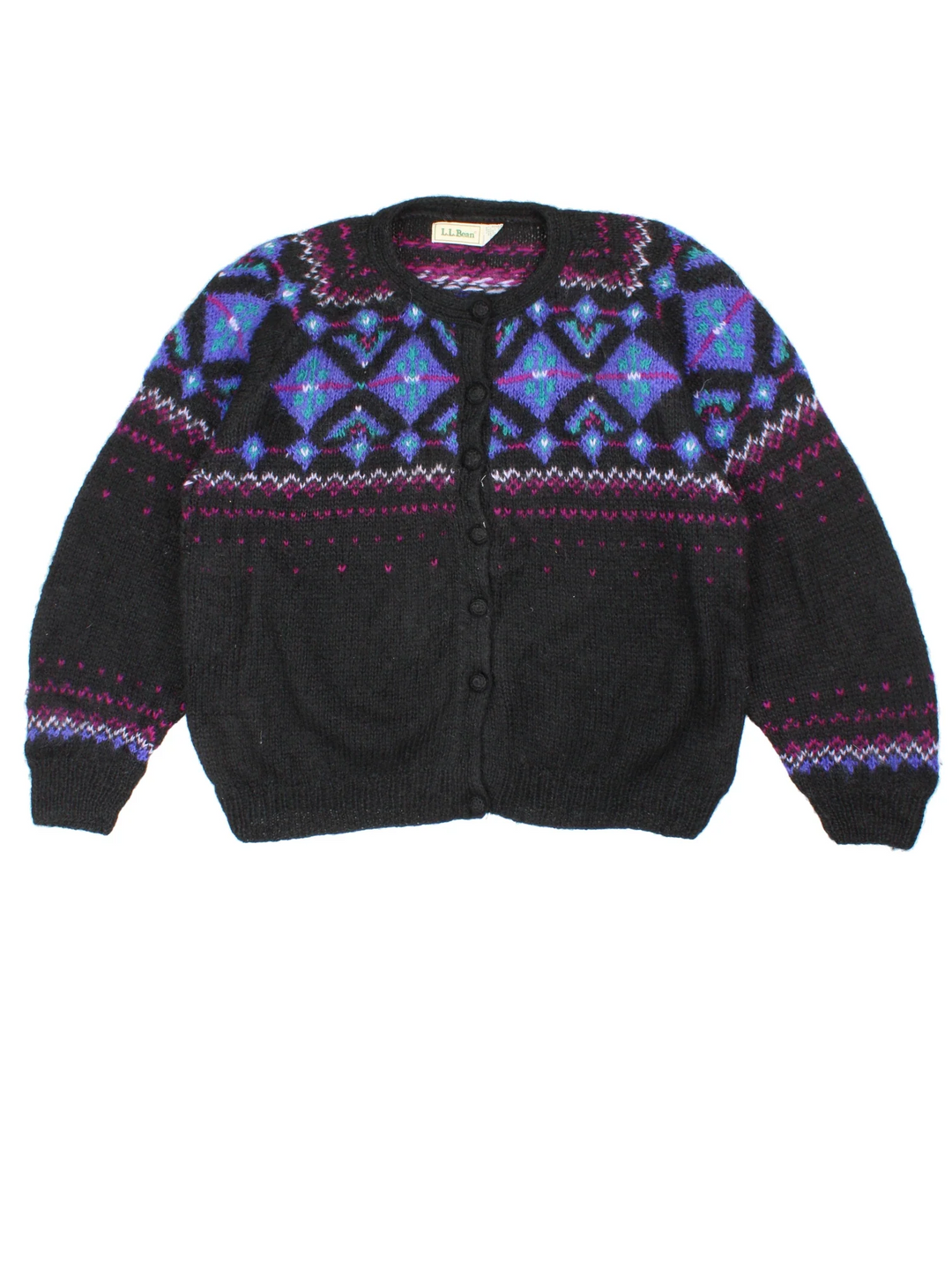 90's L.L Bean Nordic Cardigan in a black colourway with button fastening and nordic patterned detail.