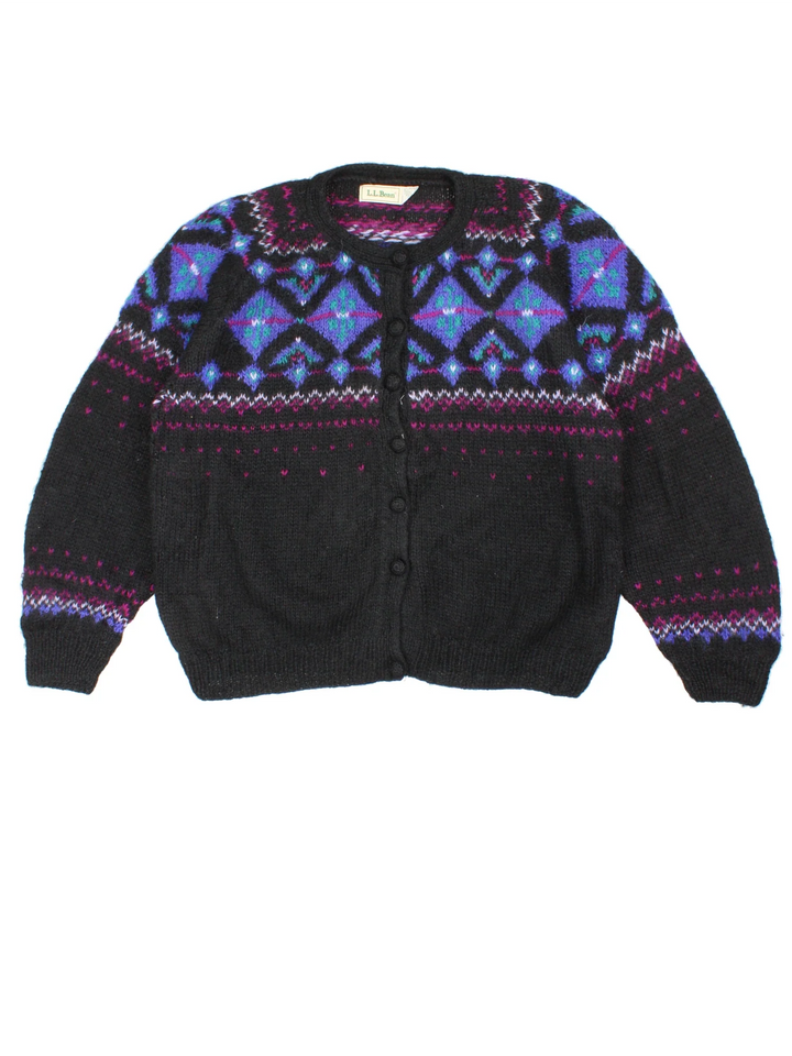 90's L.L Bean Nordic Cardigan in a black colourway with button fastening and nordic patterned detail.