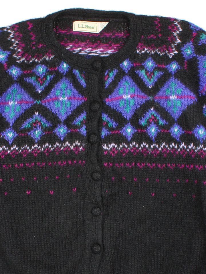 90's L.L Bean Nordic Cardigan in a black colourway with button fastening and nordic patterned detail.