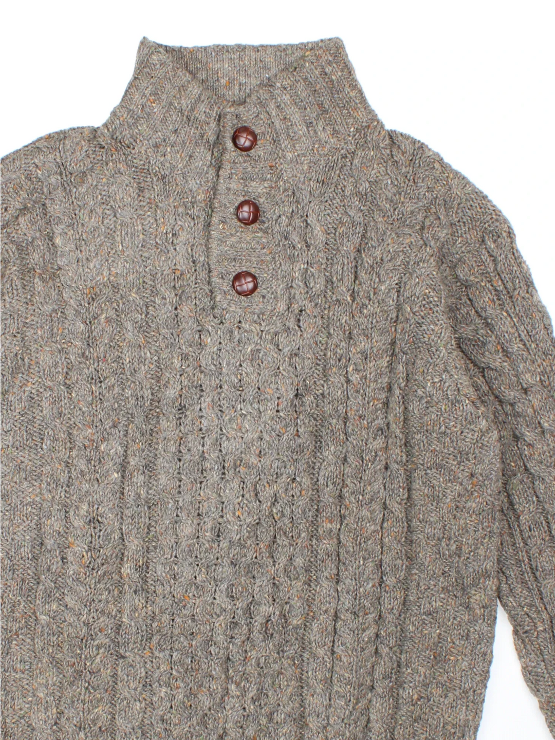 90's L.L Bean Button Neck Jumper in a grey colourway with button up neckline and cable knit detail.