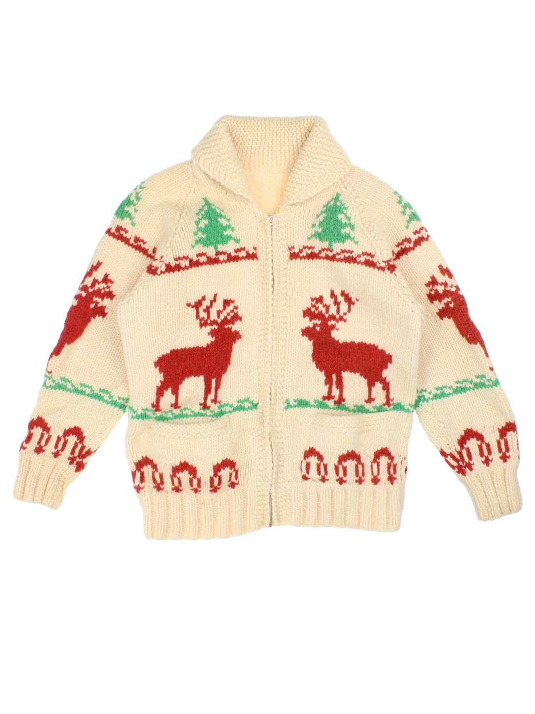 Vintage 70's Cowichan Deer Cardigan in a white colourway with zip fastening, shawl collar and deer pattern detail.