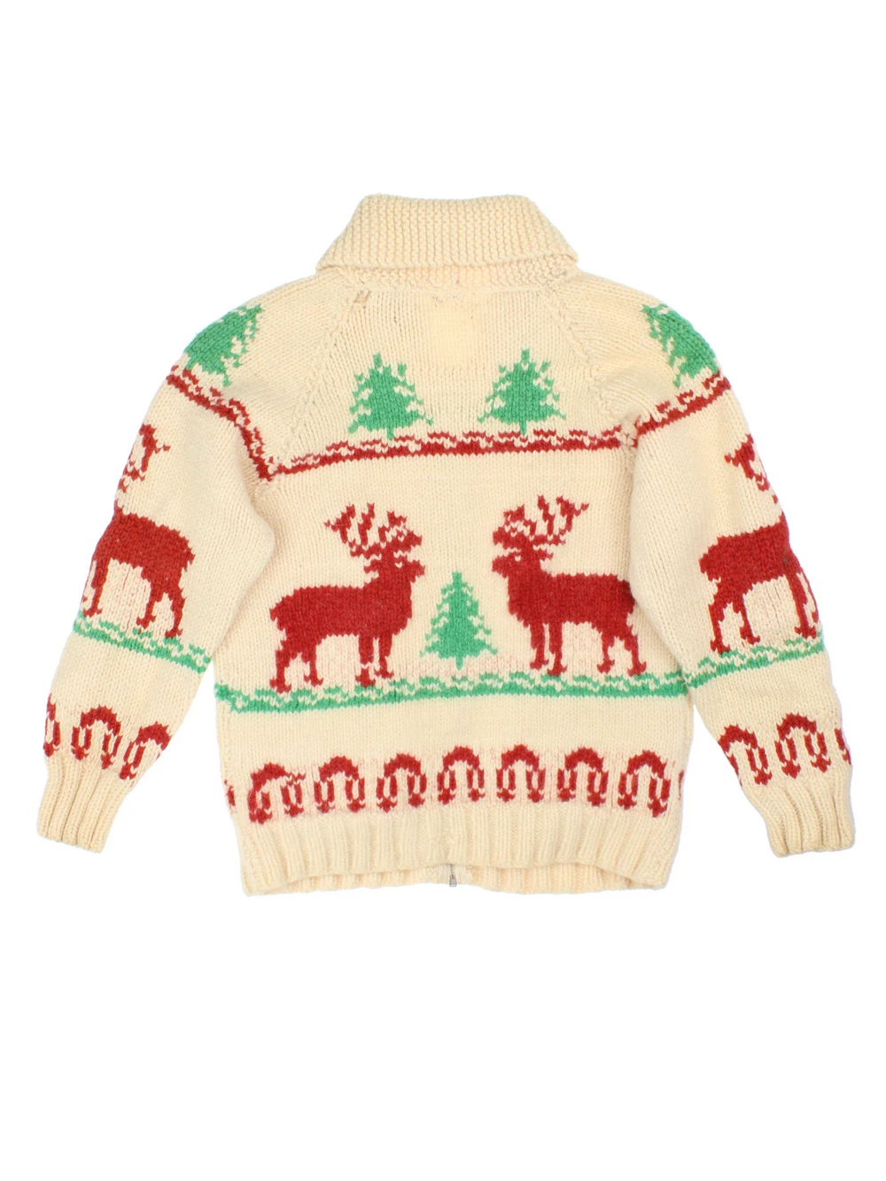 Vintage 70's Cowichan Deer Cardigan in a white colourway with zip fastening, shawl collar and deer pattern detail.