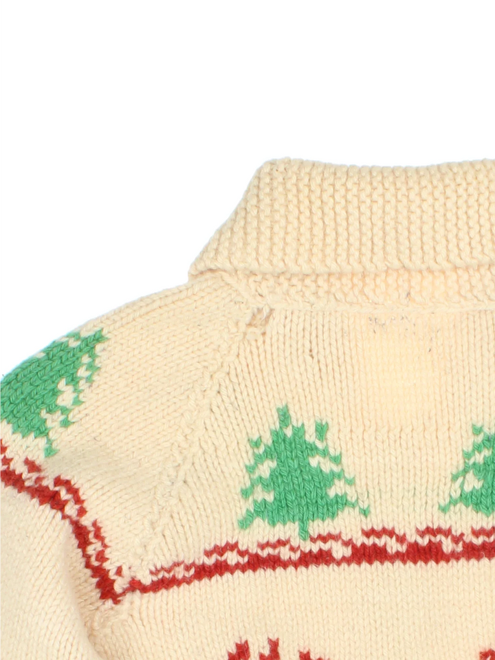 Vintage 70's Cowichan Deer Cardigan in a white colourway with zip fastening, shawl collar and deer pattern detail.
