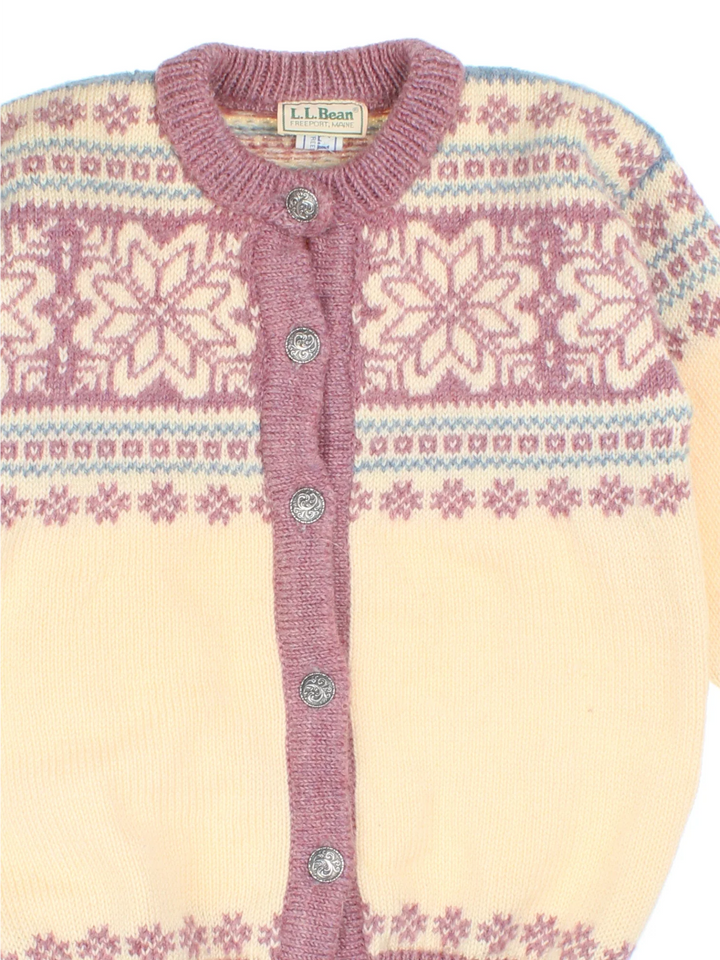 90's L.L Bean Nordic Cardigan in a white/purple colourway with button fastening and nordic patterned detail.