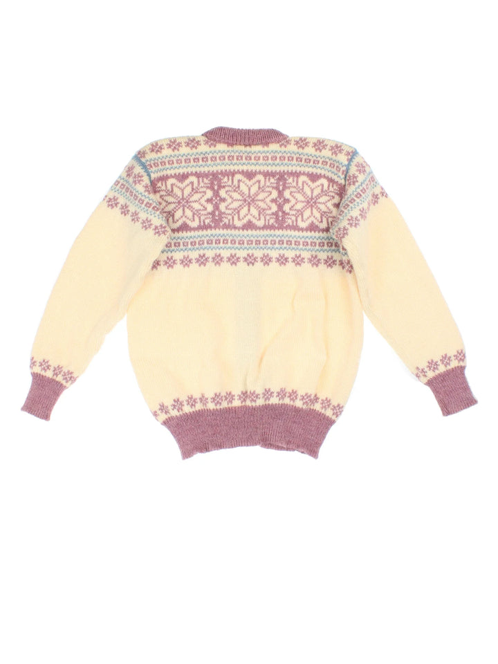90's L.L Bean Nordic Cardigan in a white/purple colourway with button fastening and nordic patterned detail.