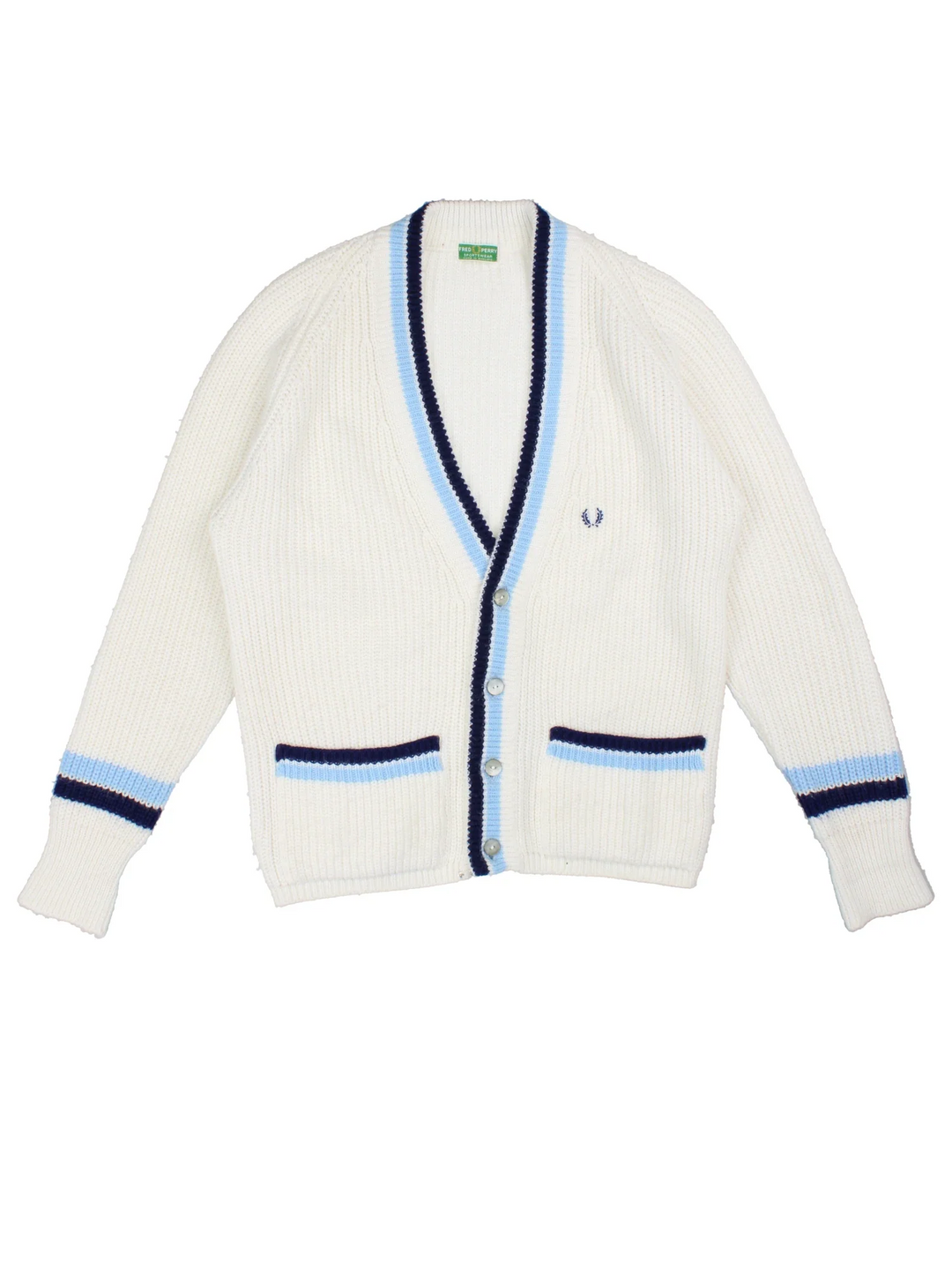 Vintage Fred Perry Cardigan in a white/blue colourway with button fastening and embroidered branding on front.
