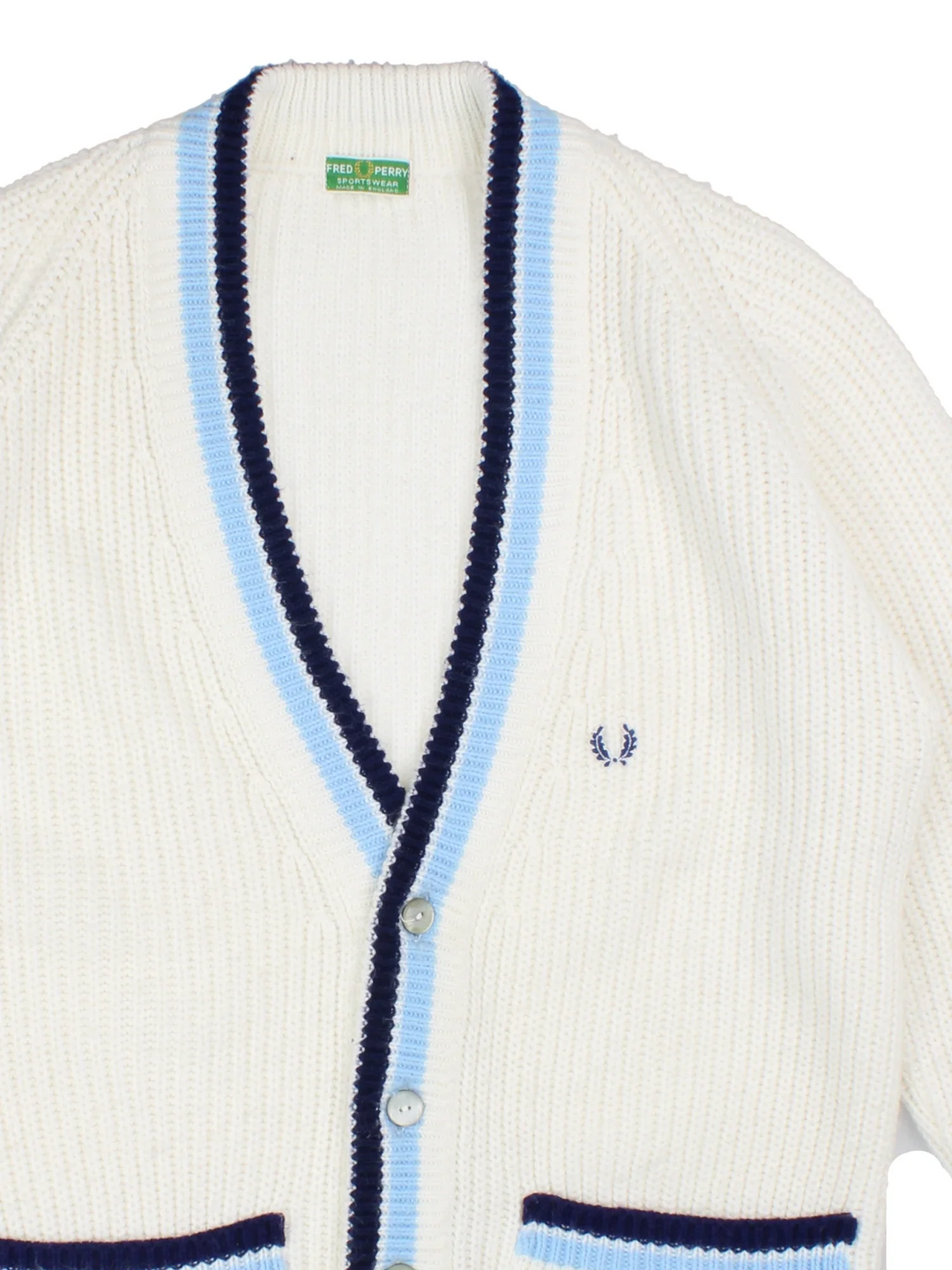 Vintage Fred Perry Cardigan in a white/blue colourway with button fastening and embroidered branding on front.
