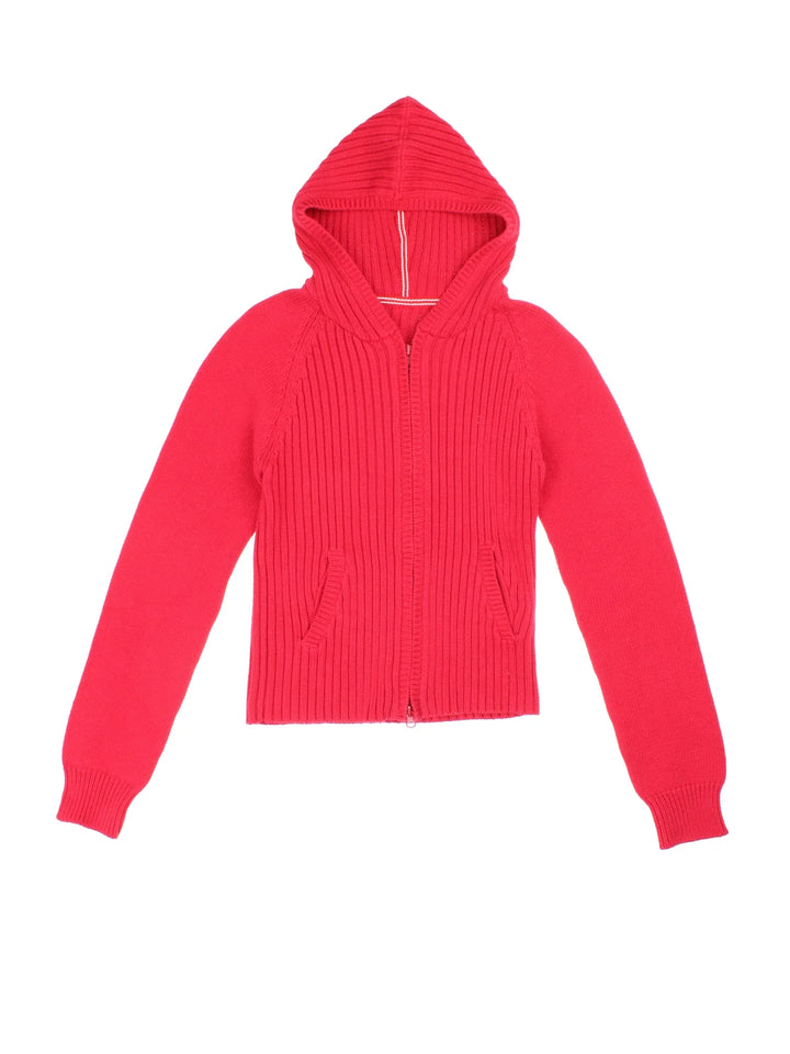 Vintage Ribbed Hooded Cardigan in a red colourway with double zip and side pockets.