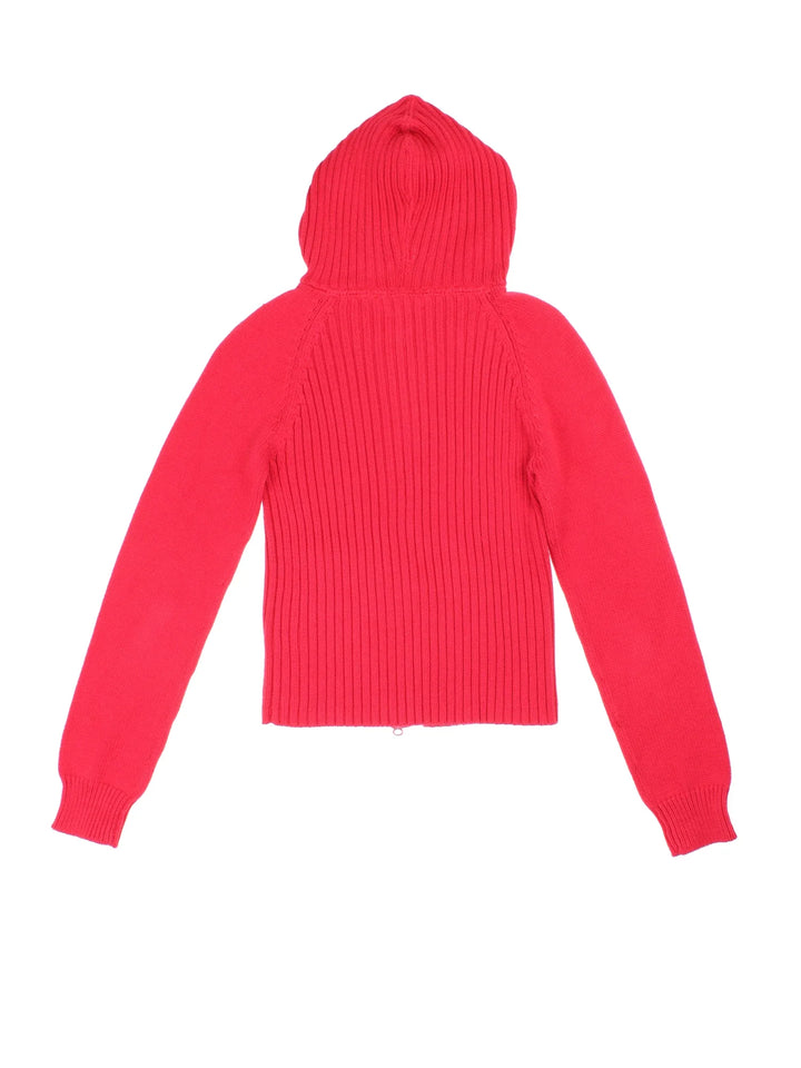 Vintage Ribbed Hooded Cardigan in a red colourway with double zip and side pockets.