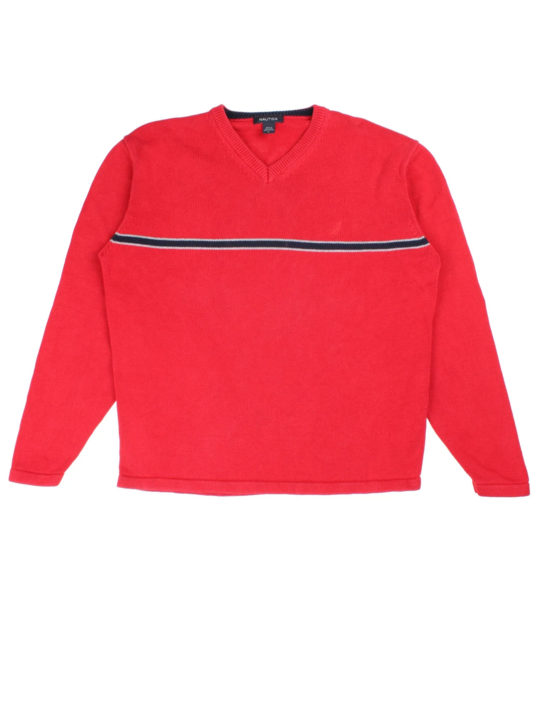 Nautica Jumper in a red colourway, v neck collar with embroidered logo on front.