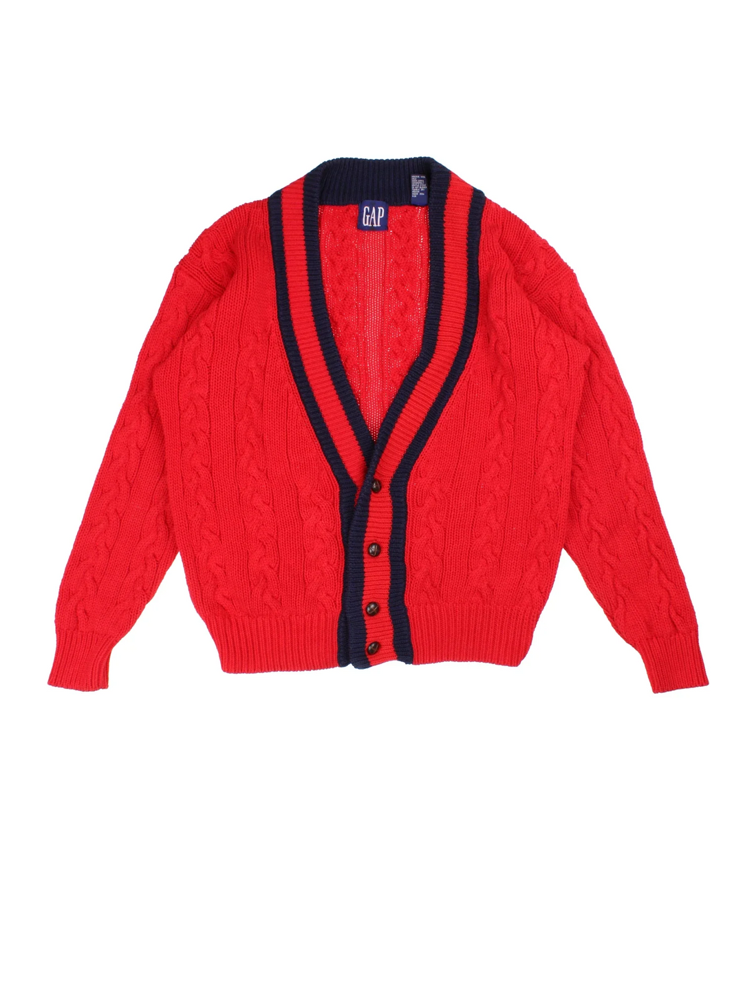 90's GAP Cable Knit Cardigan in a red colourway with a big collar and button up closure.