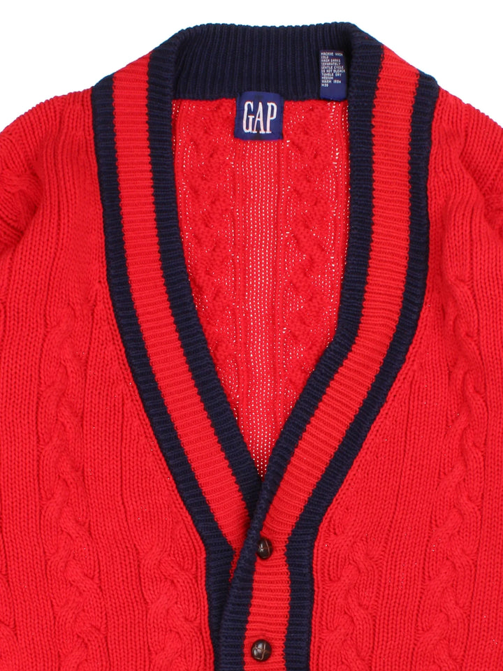 90's GAP Cable Knit Cardigan in a red colourway with a big collar and button up closure.