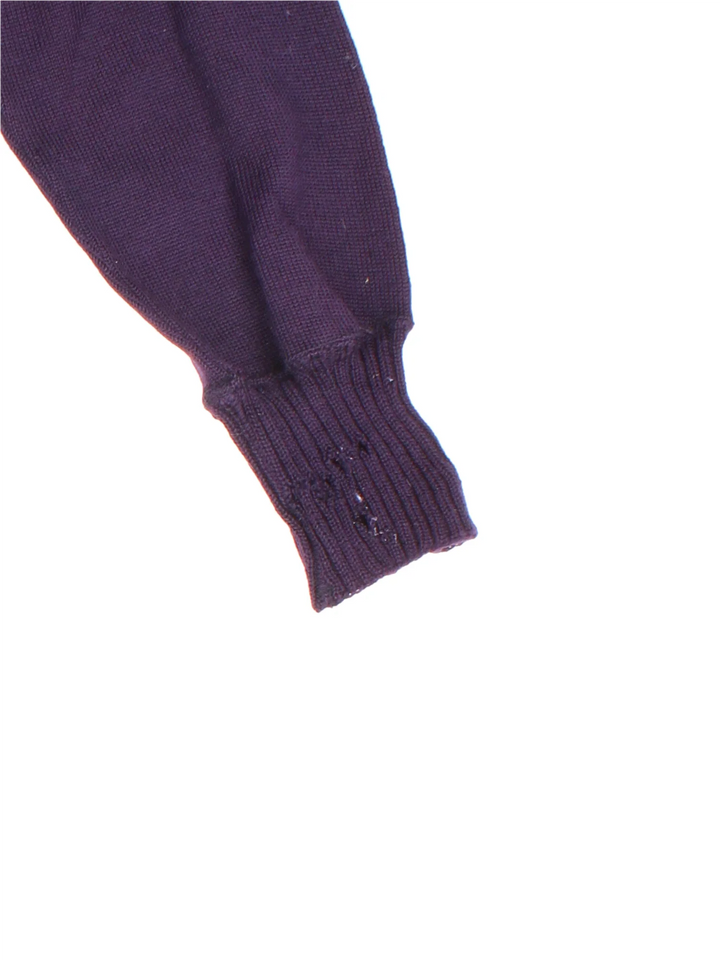 Vintage Letterman Cardigan in a purple colourway, button up closure and has embroidered lettering on the front.