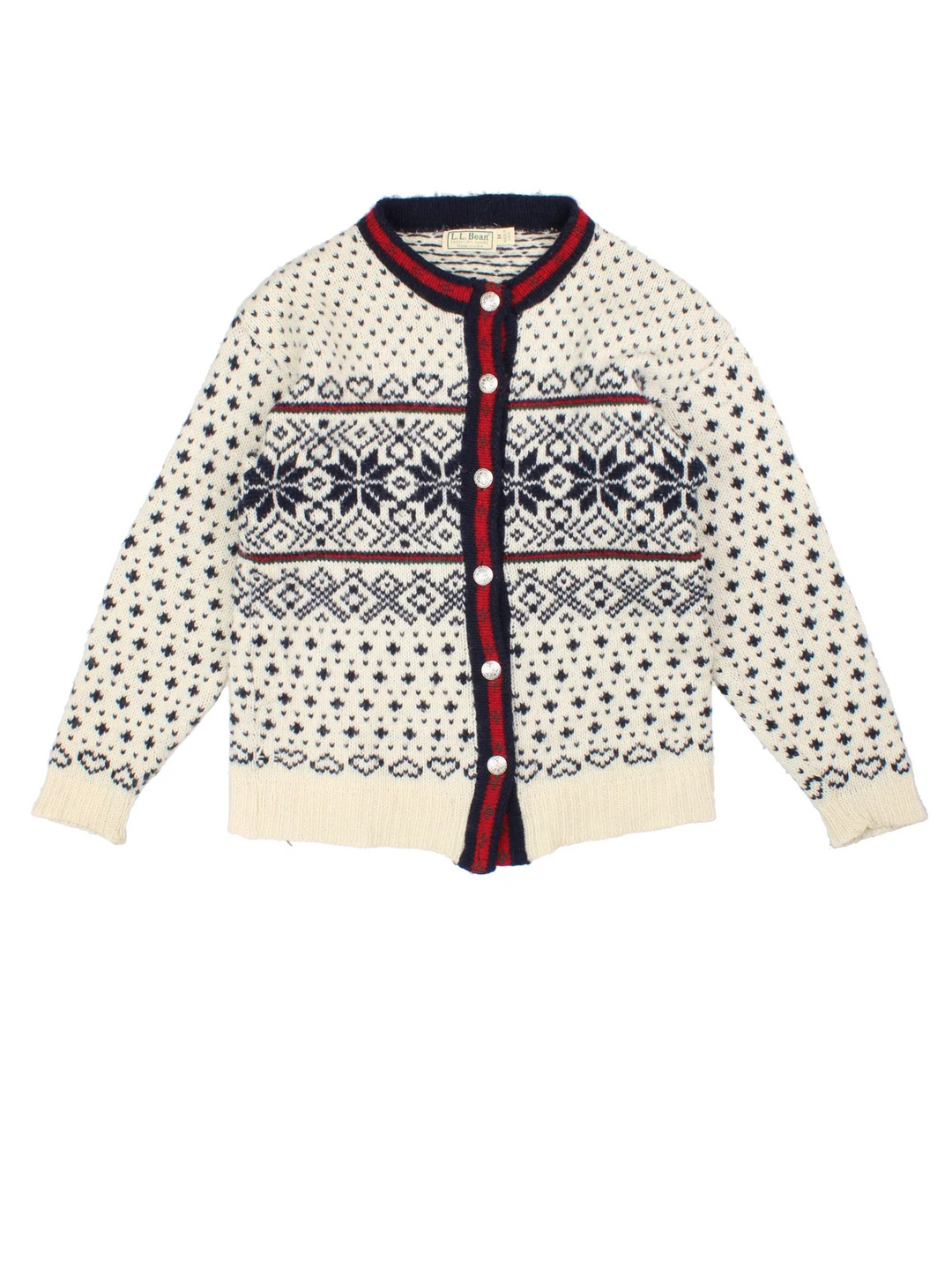 Vintage L.L Bean Nordic Cardigan in a tan colourway, clasp closure with patterns all over.
