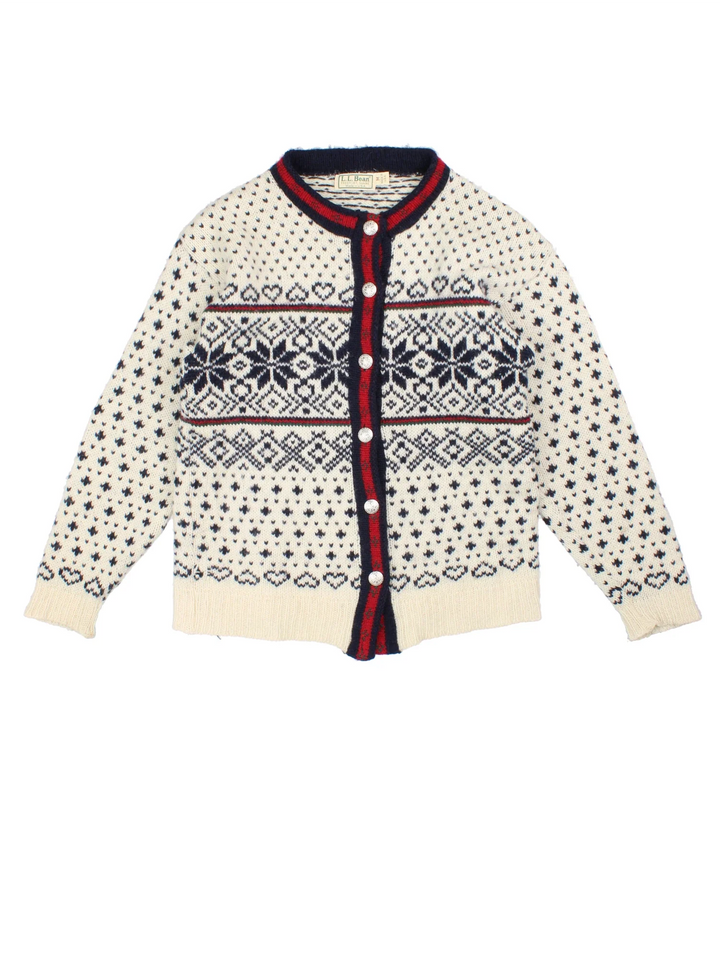 Vintage L.L Bean Nordic Cardigan in a tan colourway, clasp closure with patterns all over.