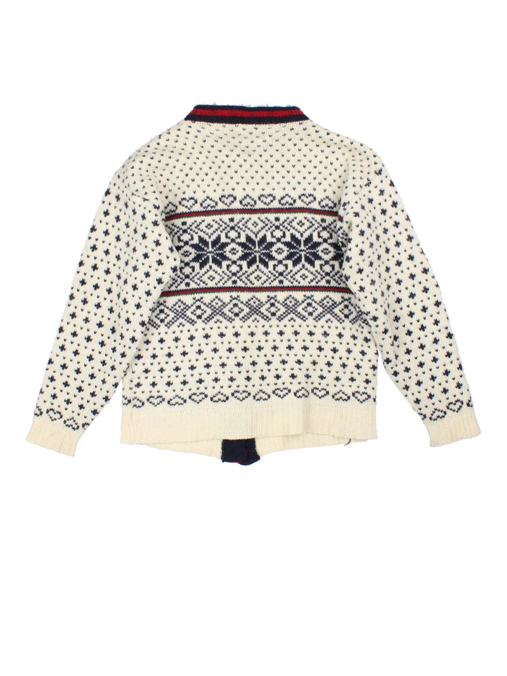 Vintage L.L Bean Nordic Cardigan in a tan colourway, clasp closure with patterns all over.