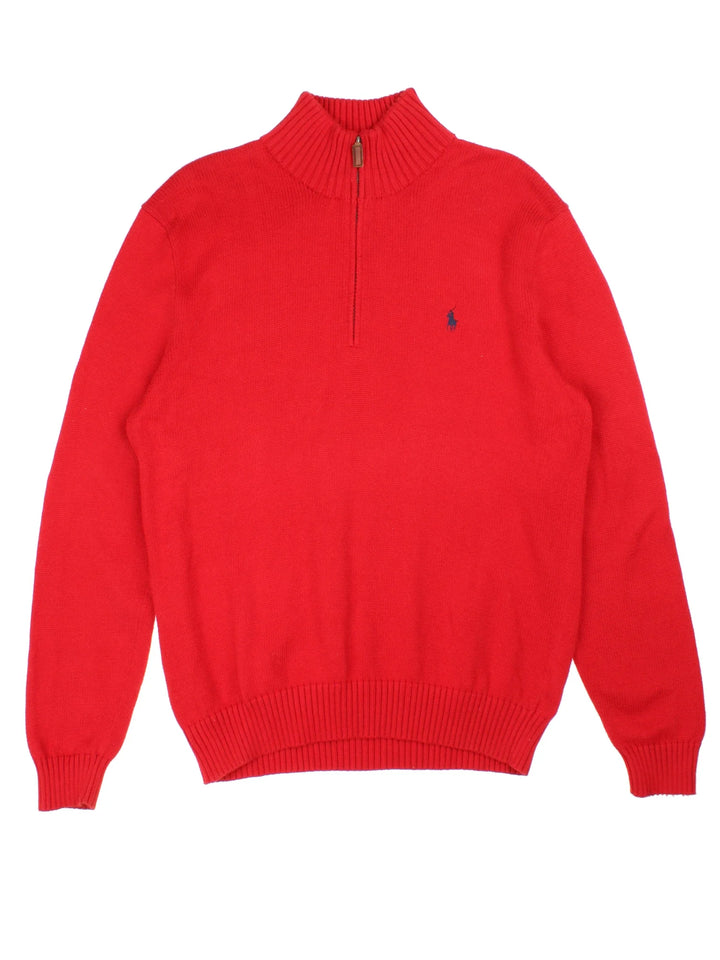 Ralph Lauren 1/4 Zip Sweater in a red colourway with the logo embroidered on the front.