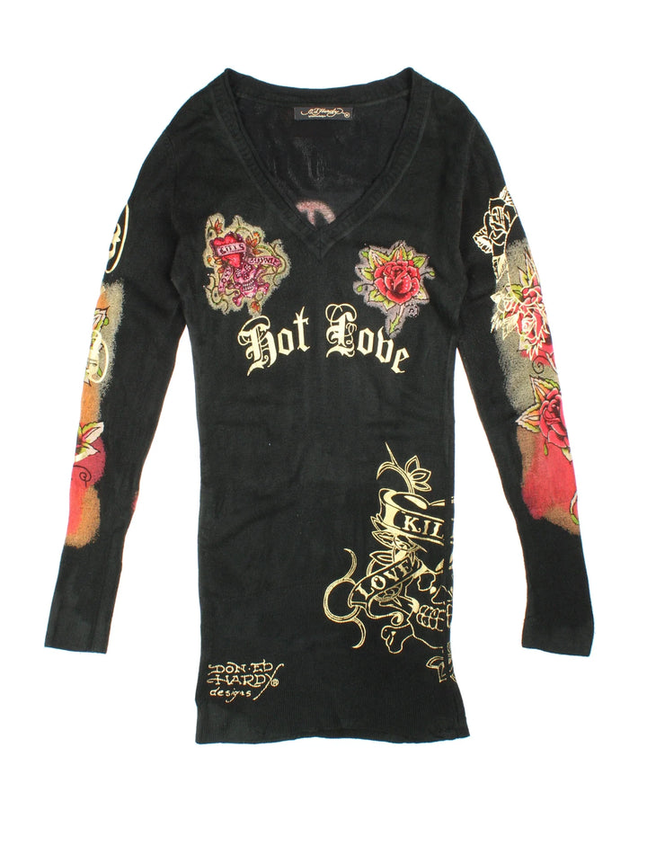 Y2K Ed Hardy Hot Love Knit Dress in a black colourway with the logo and graphics printed all over.