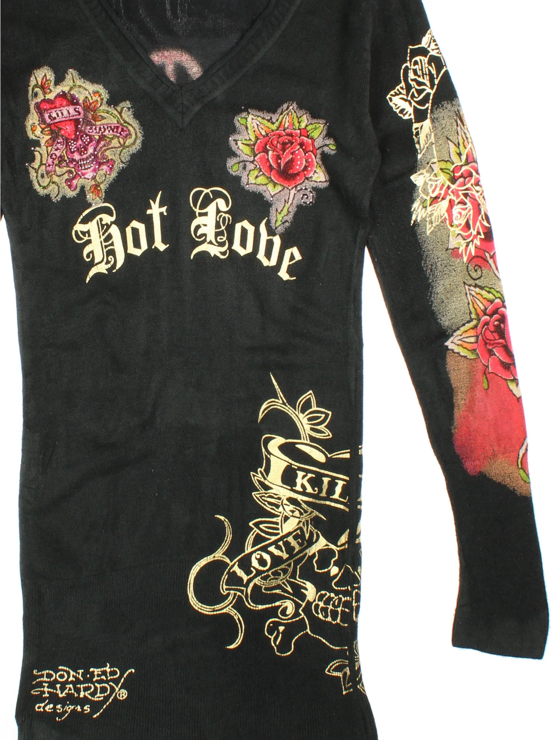 Y2K Ed Hardy Hot Love Knit Dress in a black colourway with the logo and graphics printed all over.