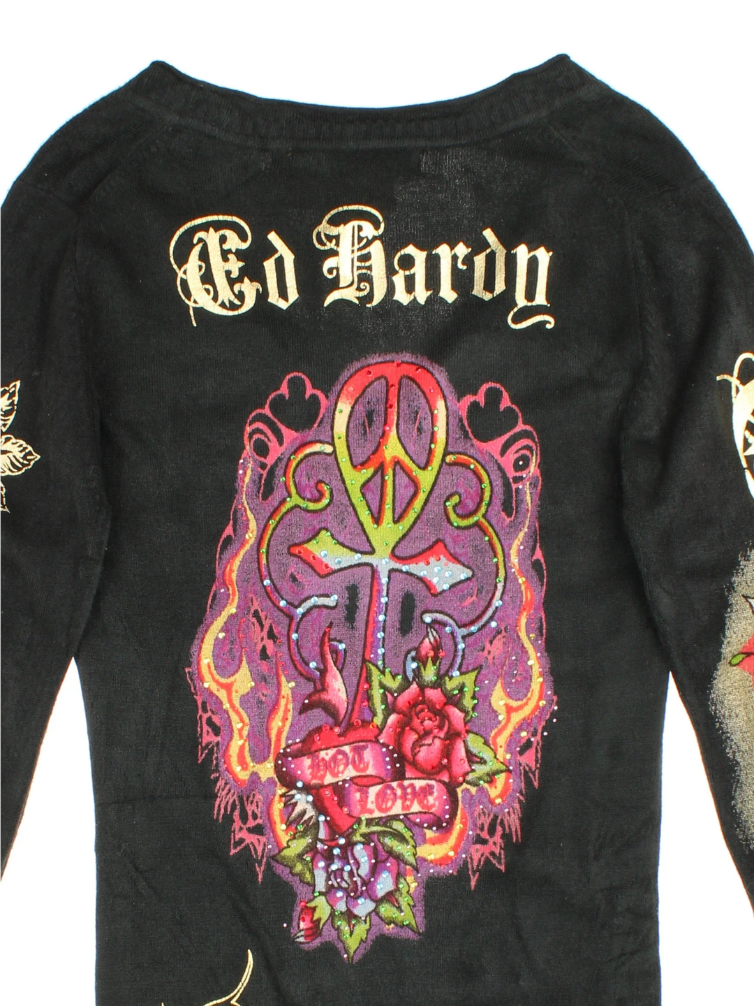 Y2K Ed Hardy Hot Love Knit Dress in a black colourway with the logo and graphics printed all over.