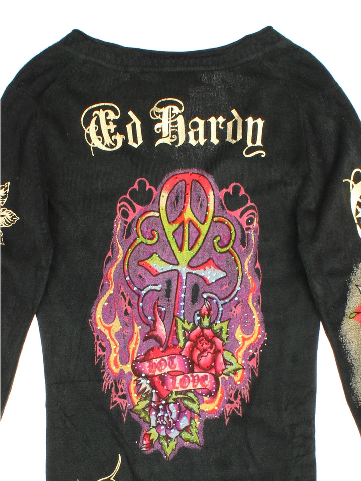 Y2K Ed Hardy Hot Love Knit Dress in a black colourway with the logo and graphics printed all over.