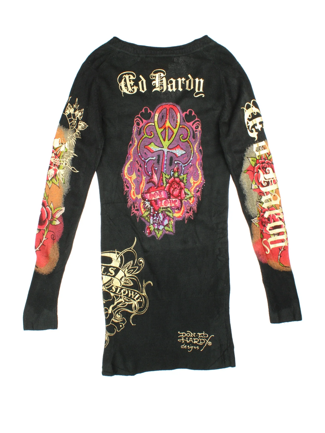 Y2K Ed Hardy Hot Love Knit Dress in a black colourway with the logo and graphics printed all over.