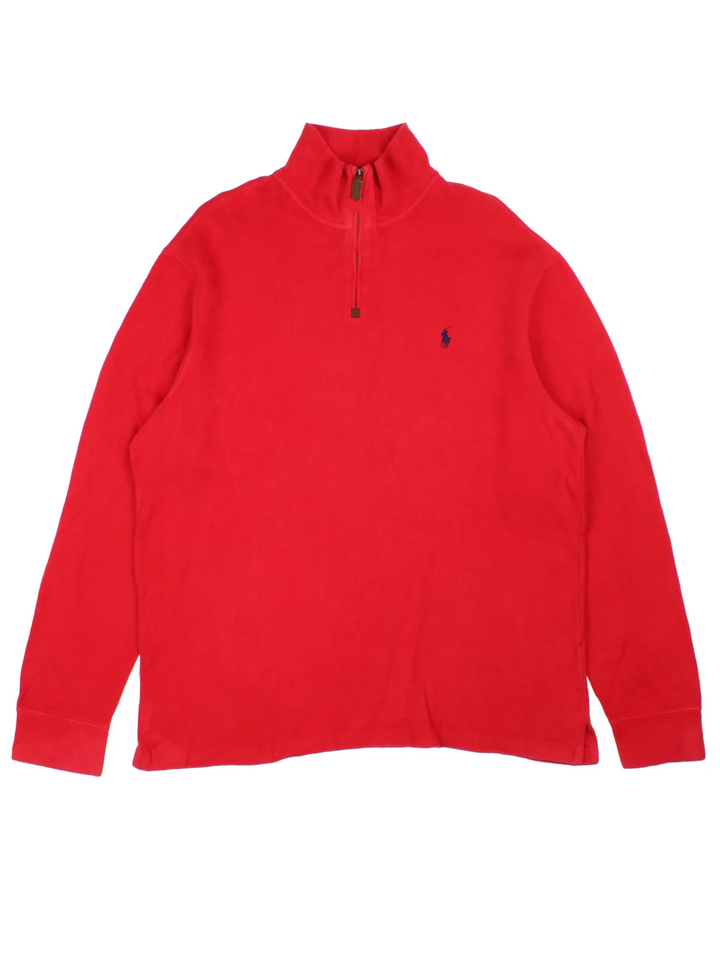 Ralph Lauren 1/4 Zip Sweater in a red colourway with the logo embroidered on the front.