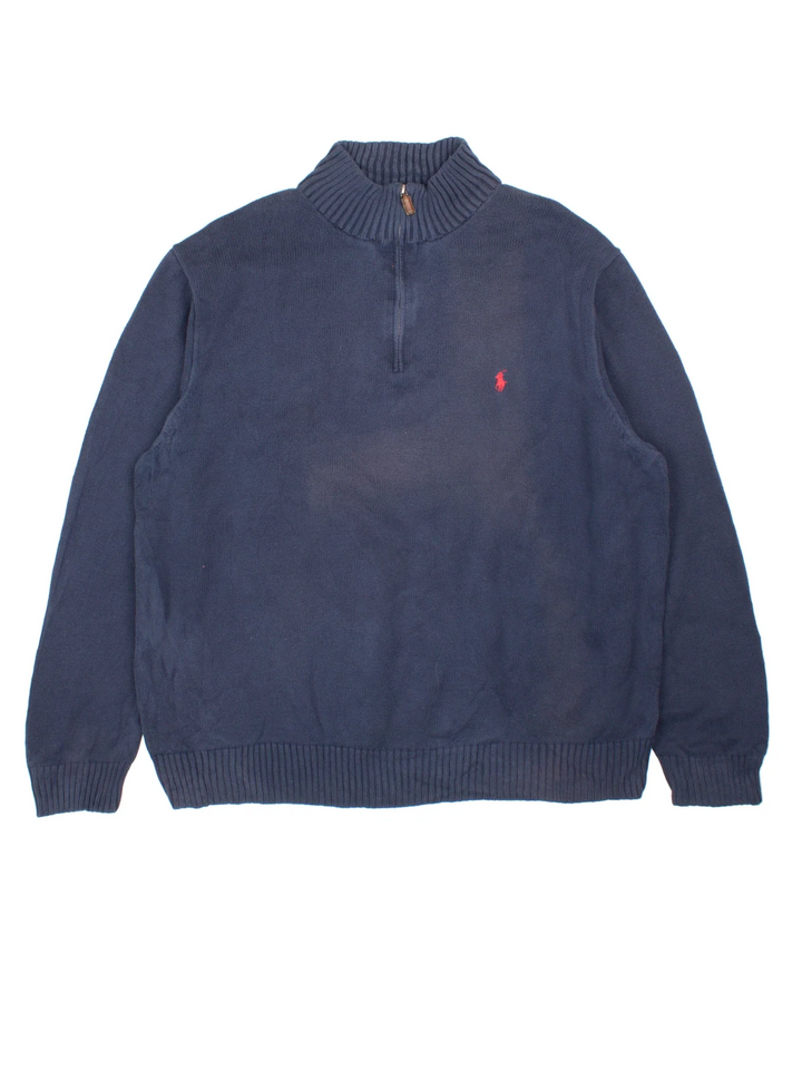 Ralph Lauren 1/4 Zip Sweater in a blue colourway with the logo embroidered on the front.