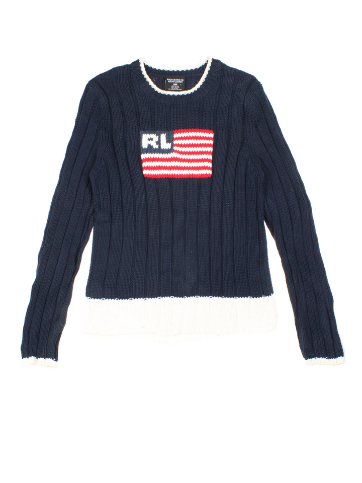 Ralph Lauren Polo USA Jumper in a blue colourway with the spell out and USA flag embroidered on the front.