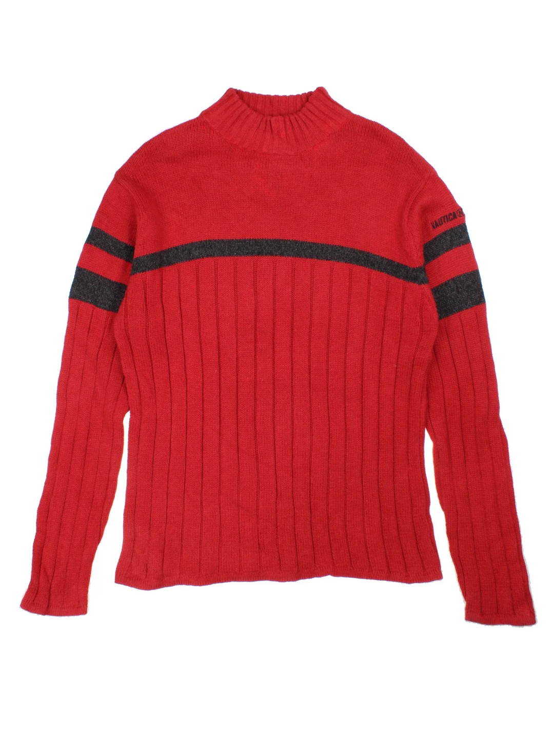 Nautica Jumper in a red colourway with black stripes and the logo embroidered on left sleeve.