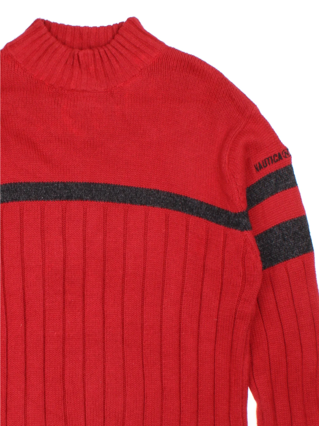 Nautica Jumper in a red colourway with black stripes and the logo embroidered on left sleeve.