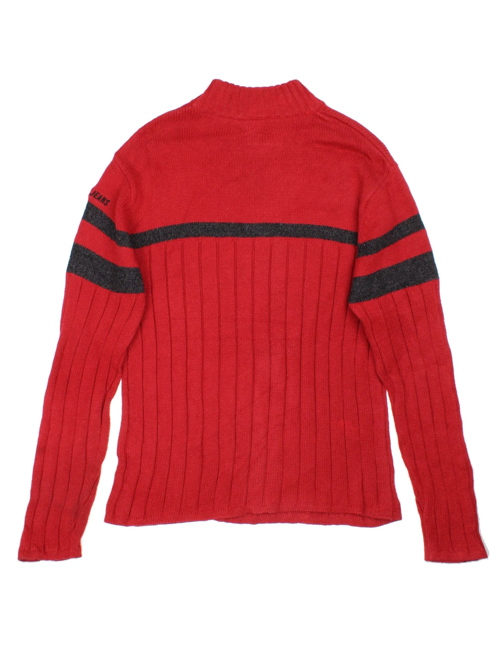 Nautica Jumper in a red colourway with black stripes and the logo embroidered on left sleeve.