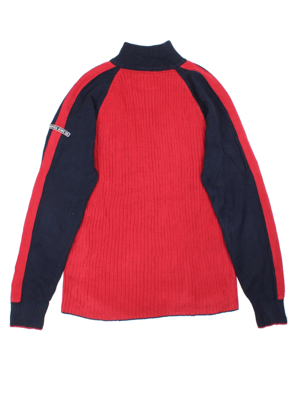 Nautica 1/4 Zip Sweater in a red colourway with the logo embroidered on the left sleeve.