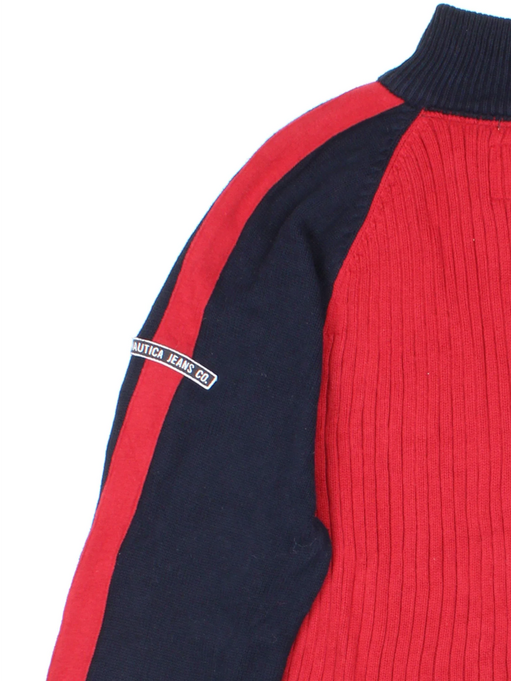 Nautica 1/4 Zip Sweater in a red colourway with the logo embroidered on the left sleeve.