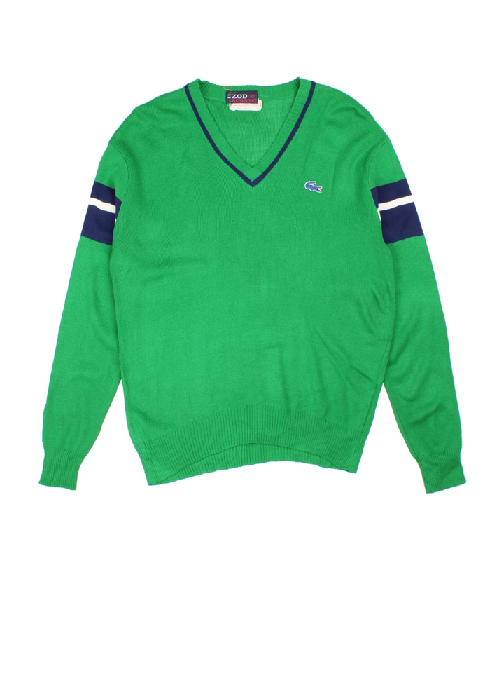 Vintage Lacoste Izod V Neck Sweater in a green colourway with blue detailing and the logo embroidered on the front.