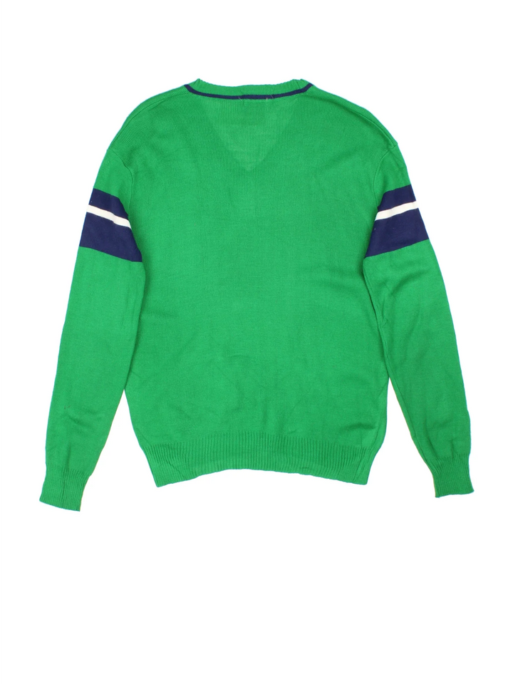 Vintage Lacoste Izod V Neck Sweater in a green colourway with blue detailing and the logo embroidered on the front.