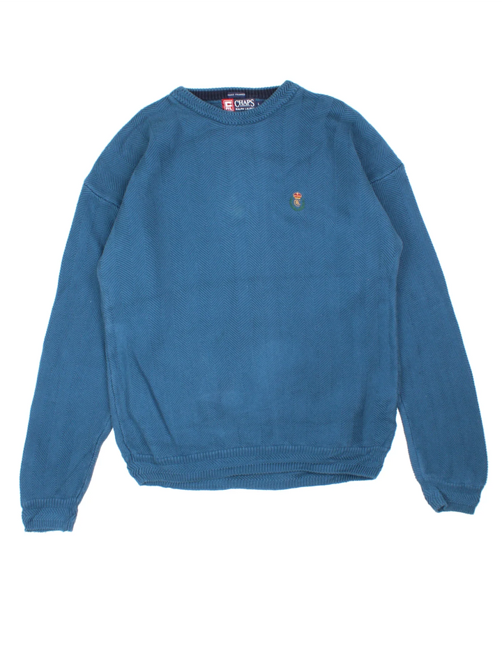 Vintage Chaps Ralph Lauren Knit Jumper in a blue colourway with embroidered logo on the front.