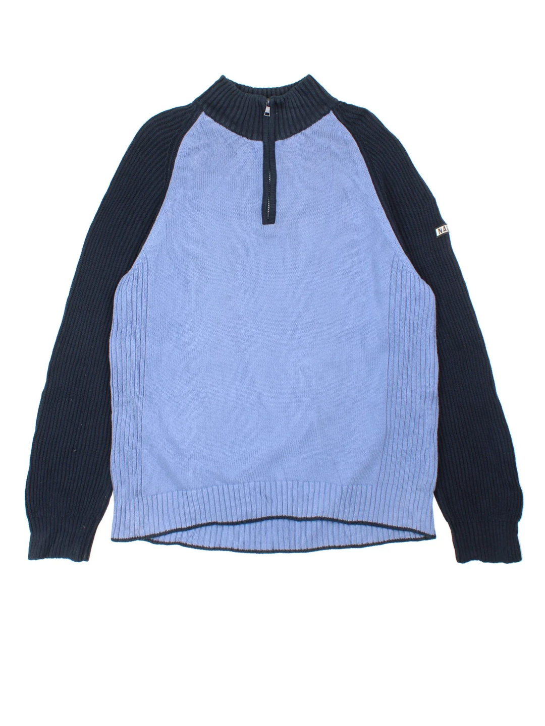 Nautica 1/4 Zip Sweater in a blue colourway with the logo embroidered on the left sleeve.