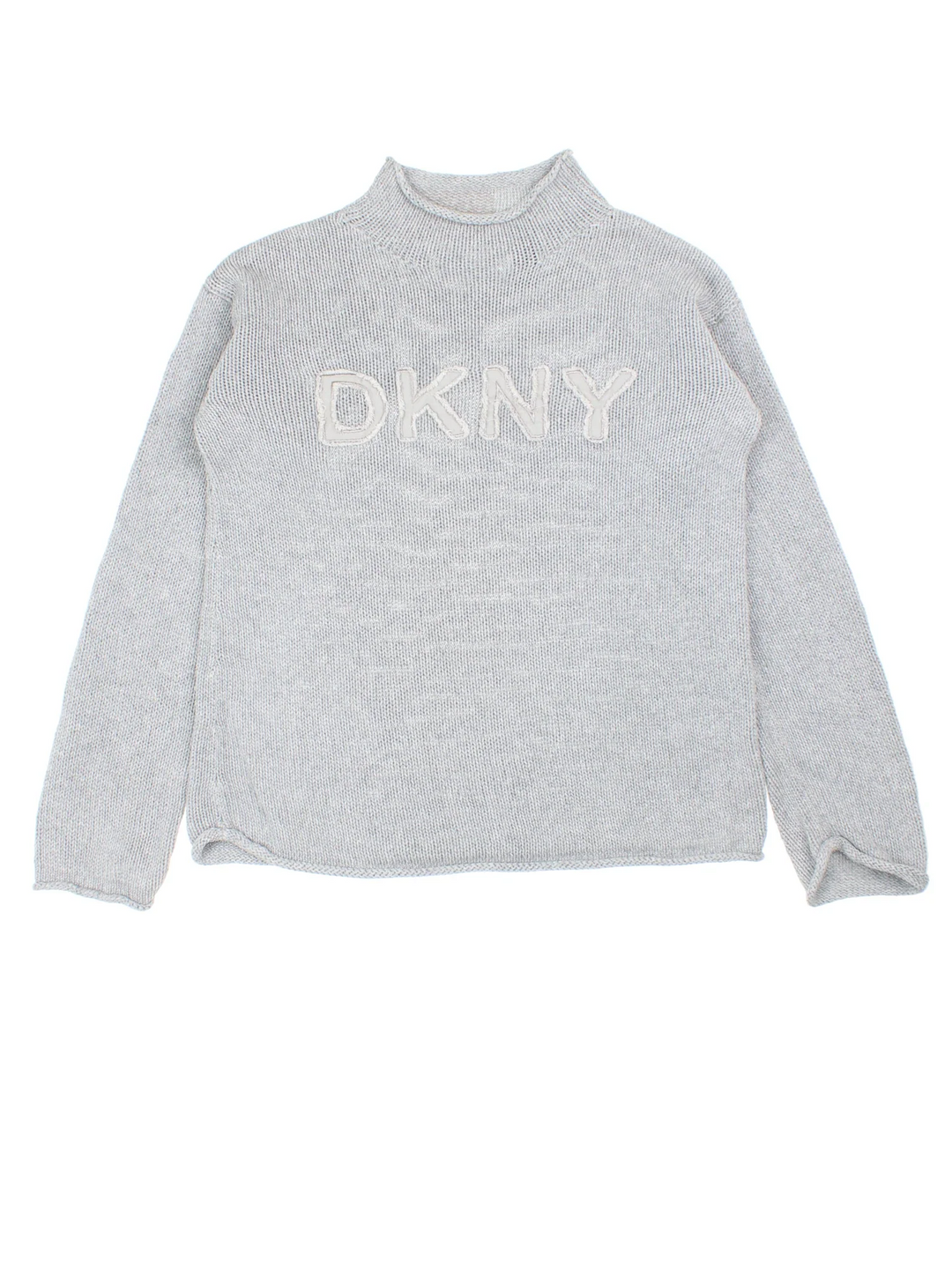 Vintage DKNY Jeans Knit Jumper in a grey colourway with embroidered spell out logo on the front.