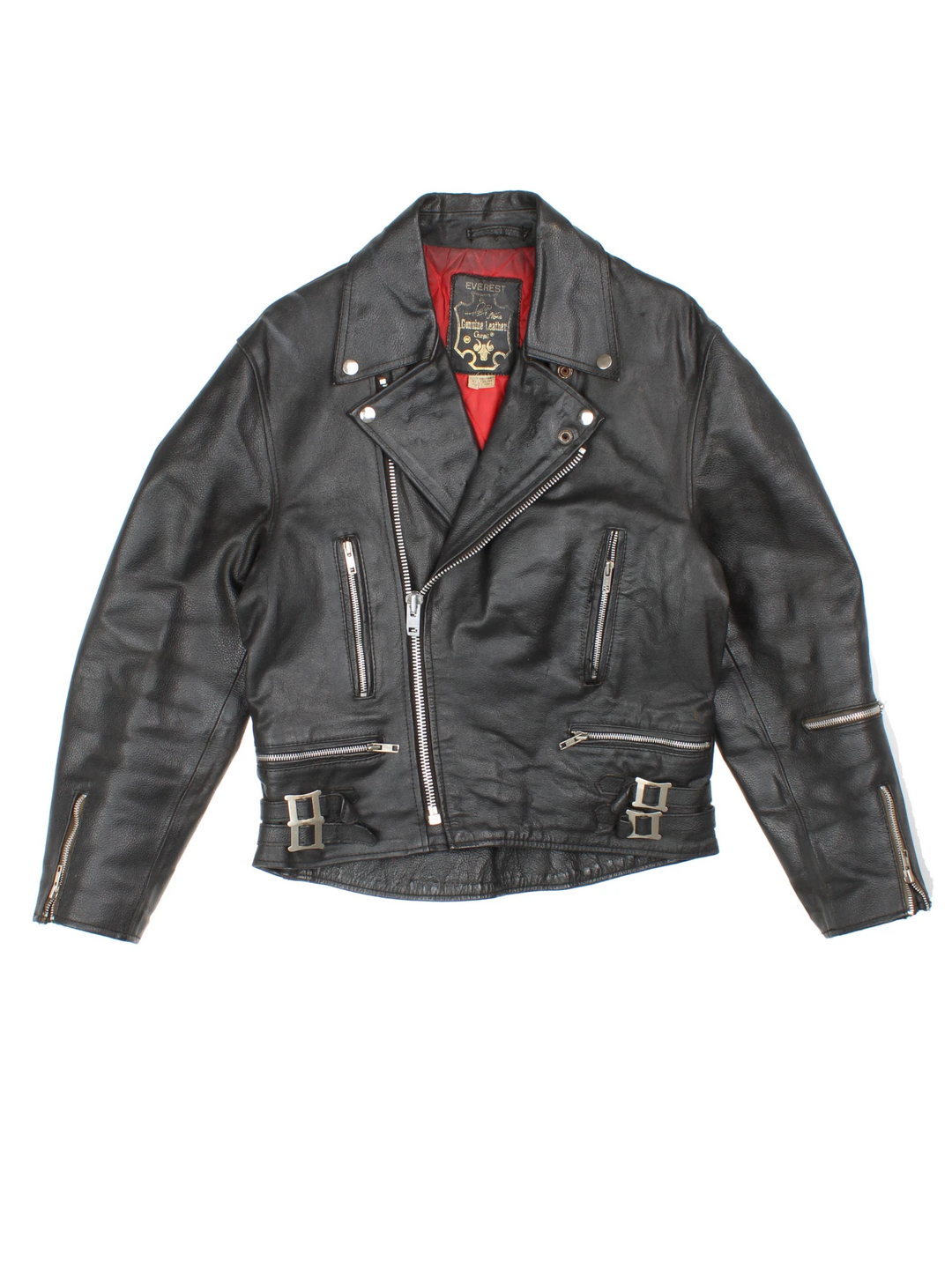 80s Campri Everest black leather biker jacket with four zip pockets and adjustable buckles on the hips.   