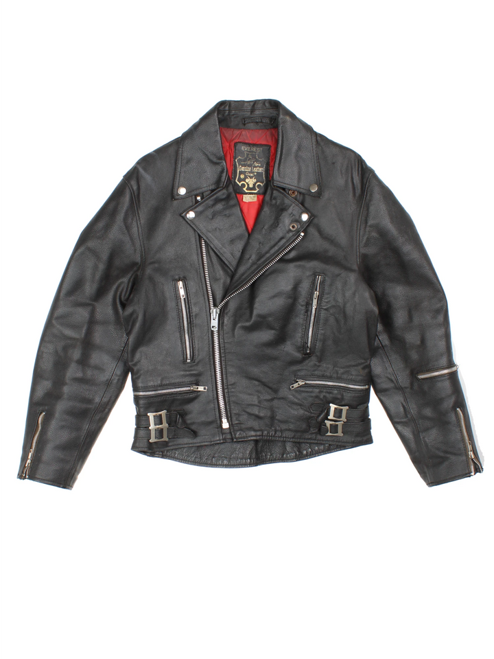 80s Campri Everest black leather biker jacket with four zip pockets and adjustable buckles on the hips.   