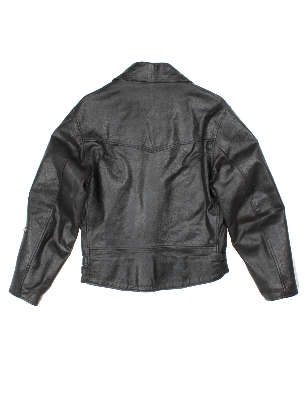 80s Campri Everest black leather biker jacket with four zip pockets and adjustable buckles on the hips.   