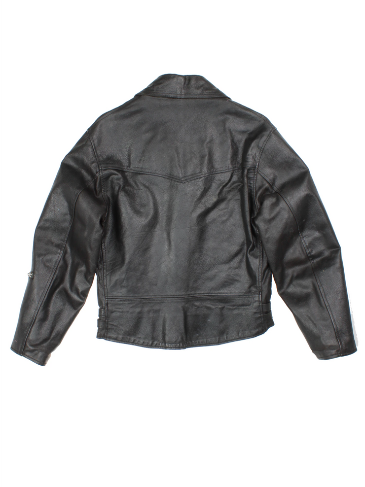 80s Campri Everest black leather biker jacket with four zip pockets and adjustable buckles on the hips.   