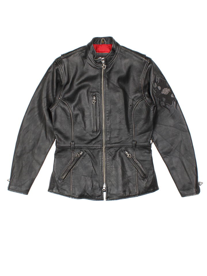Vintage Harley-Davidson leather biker jacket with embroidered logo on the sleeve.