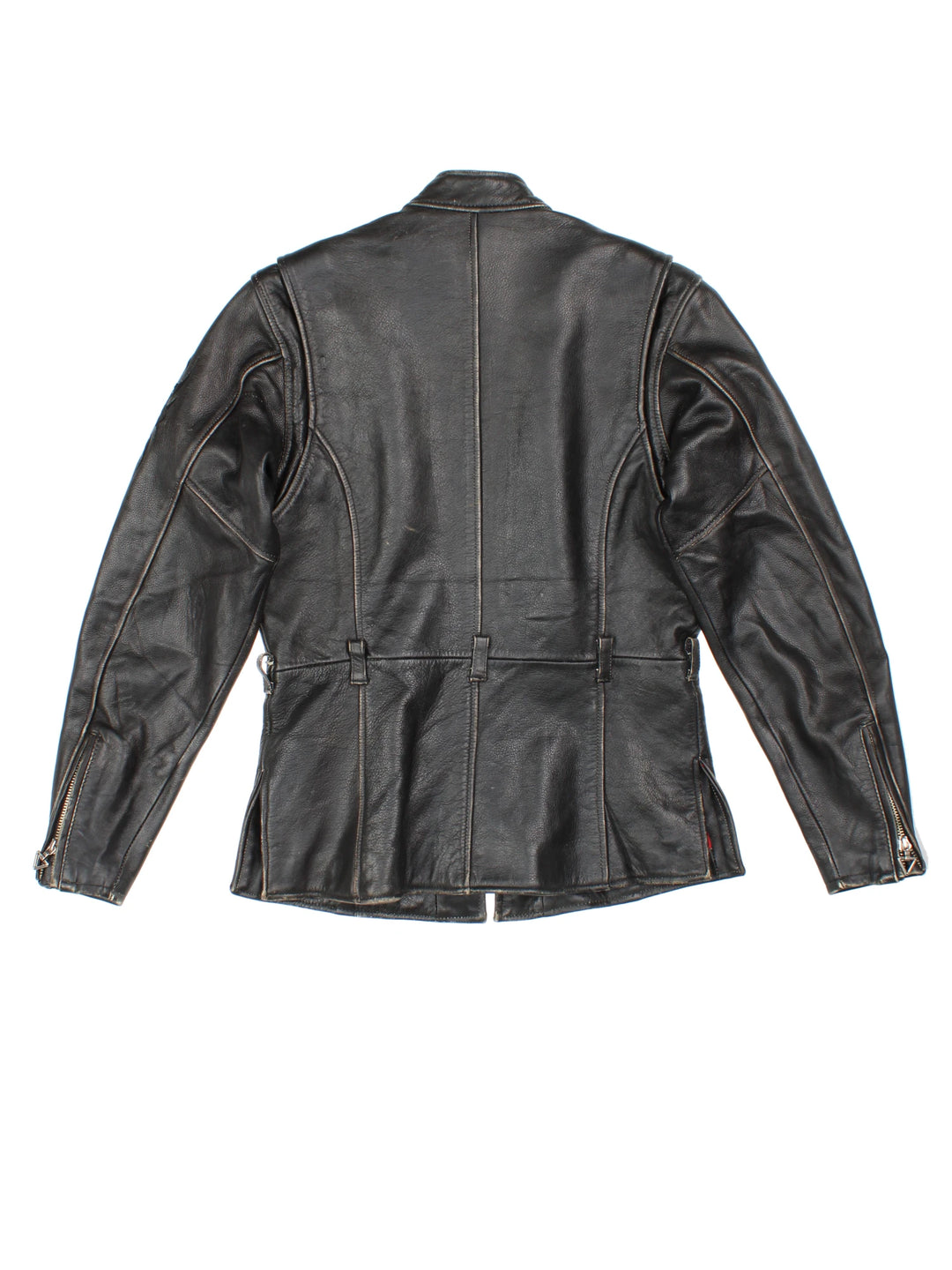 Vintage Harley-Davidson leather biker jacket with embroidered logo on the sleeve.