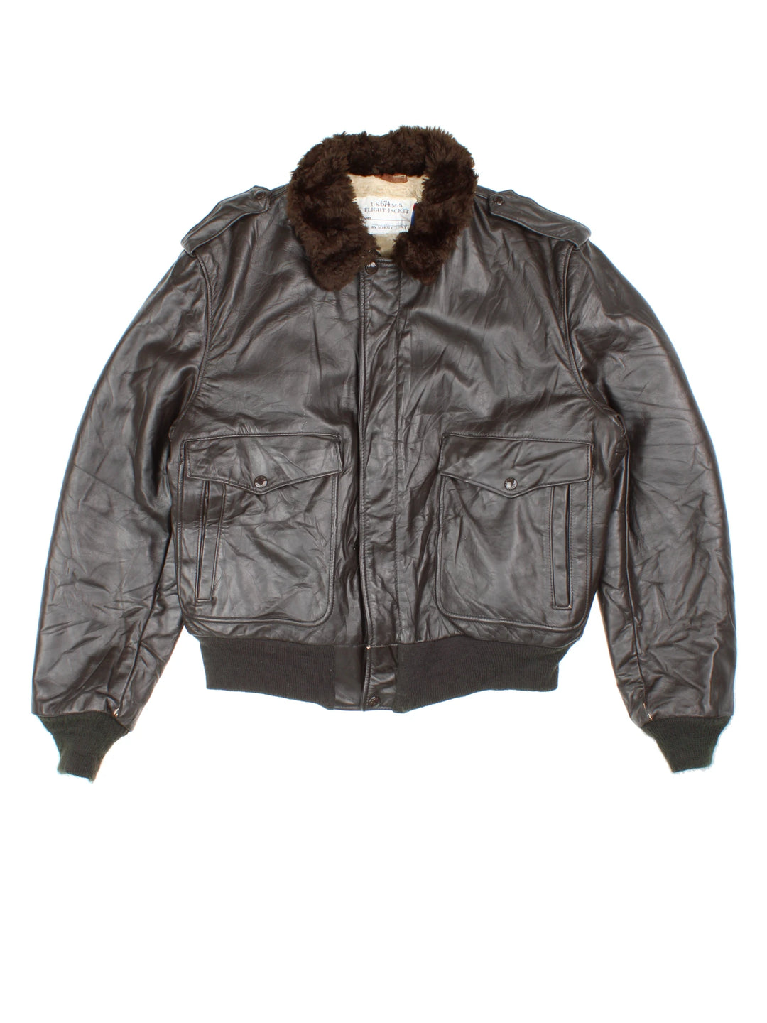 Schott Leather Flight Jacket in a brown colourway with a faux fur collar, zip up with side pockets and has a faux fur lining. 