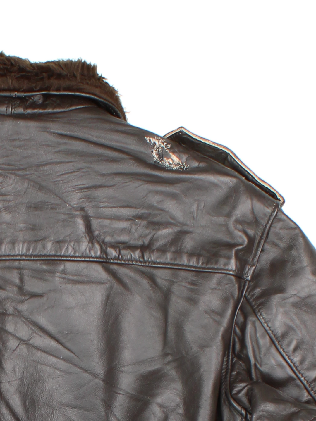 Schott Leather Flight Jacket in a brown colourway with a faux fur collar, zip up with side pockets and has a faux fur lining. 