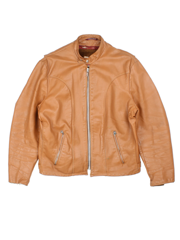 Vintage 1970's Cycle Rider zip through leather motorcycle jacket in tan, with removeable liner and zip up pockets