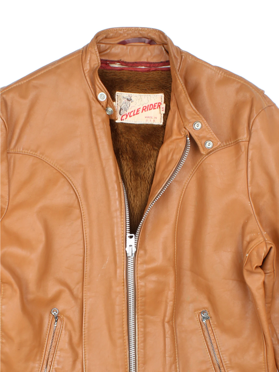 Vintage 1970's Cycle Rider zip through leather motorcycle jacket in tan, with removeable liner and zip up pockets